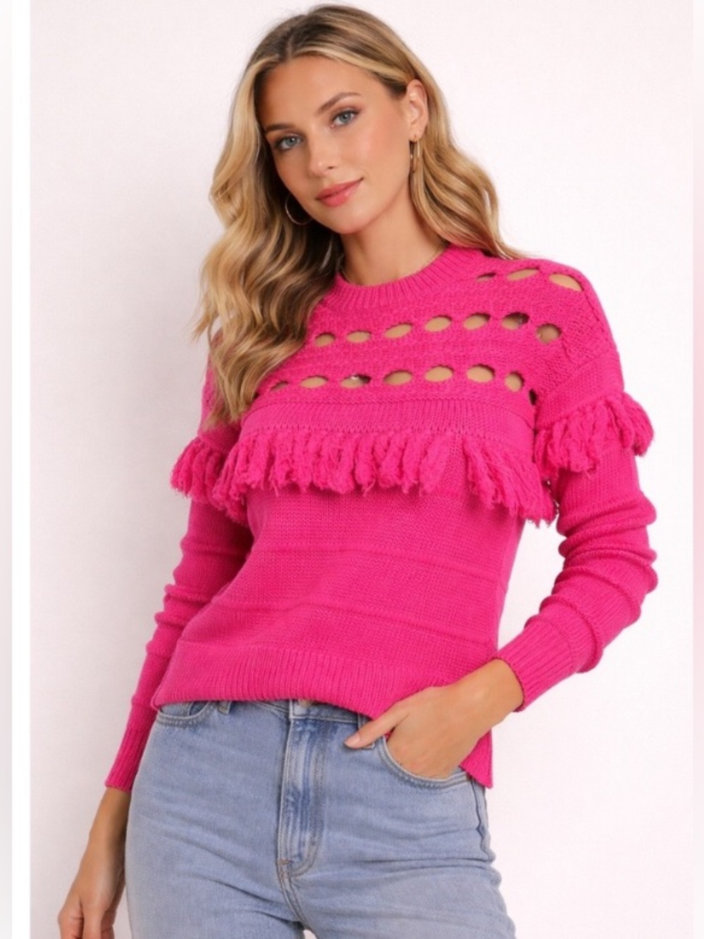 Jonathan Simkhai Hot Pink Fringe Crewneck Sweater